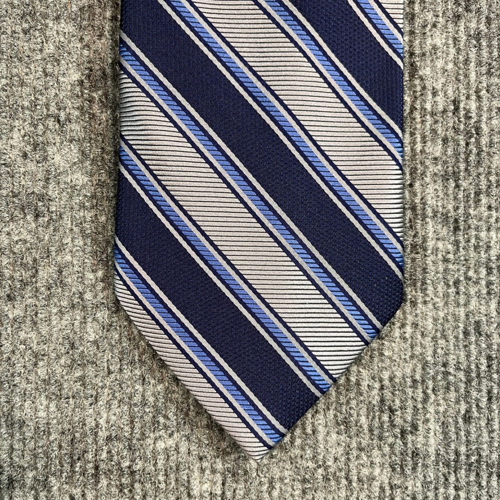 Joseph Feiss International Mens Silk Tie Navy Blue Silver Striped Hand Made